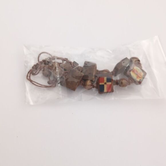 NWOT Brown Wood Beaded Catholic Cross Adjustable Slider Bracelet - Picture 7 of 7